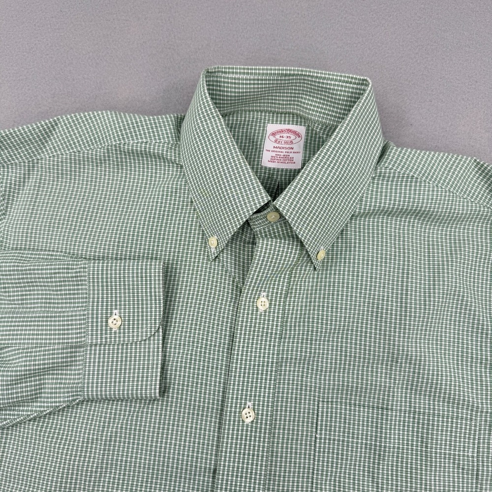Brooks Brothers Madison Long Sleeve Dress Shirt Mens 16-35 Green Plaid Casual